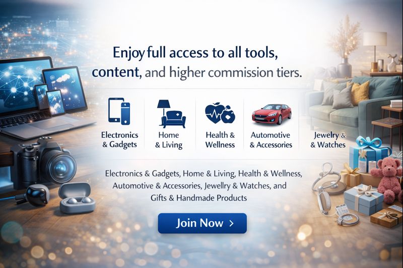 Enjoy full access to powerful tools, exclusive content, and higher commission tiers. Promote top-performing categories including Electronics & Gadgets, Home & Living, Health & Wellness, Automotive & Accessories, Jewelry & Watches, and Gifts & Handmade Products—and grow your earnings with confidence